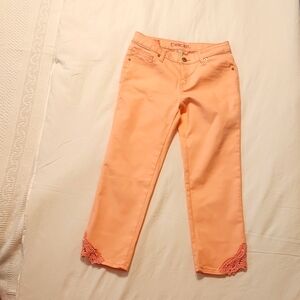 Pink Cherokee denim pants with crochet ankle trim. Super skinny girls size 14